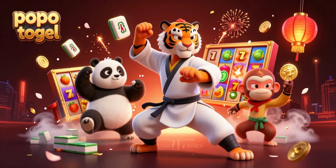 Experience excitement with popo togel as slot reels spin amidst 3D casino characters.