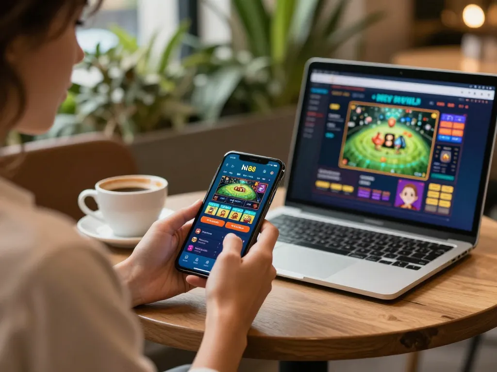 Engaging gameplay on hi 88 app with live betting options in vibrant café atmosphere.