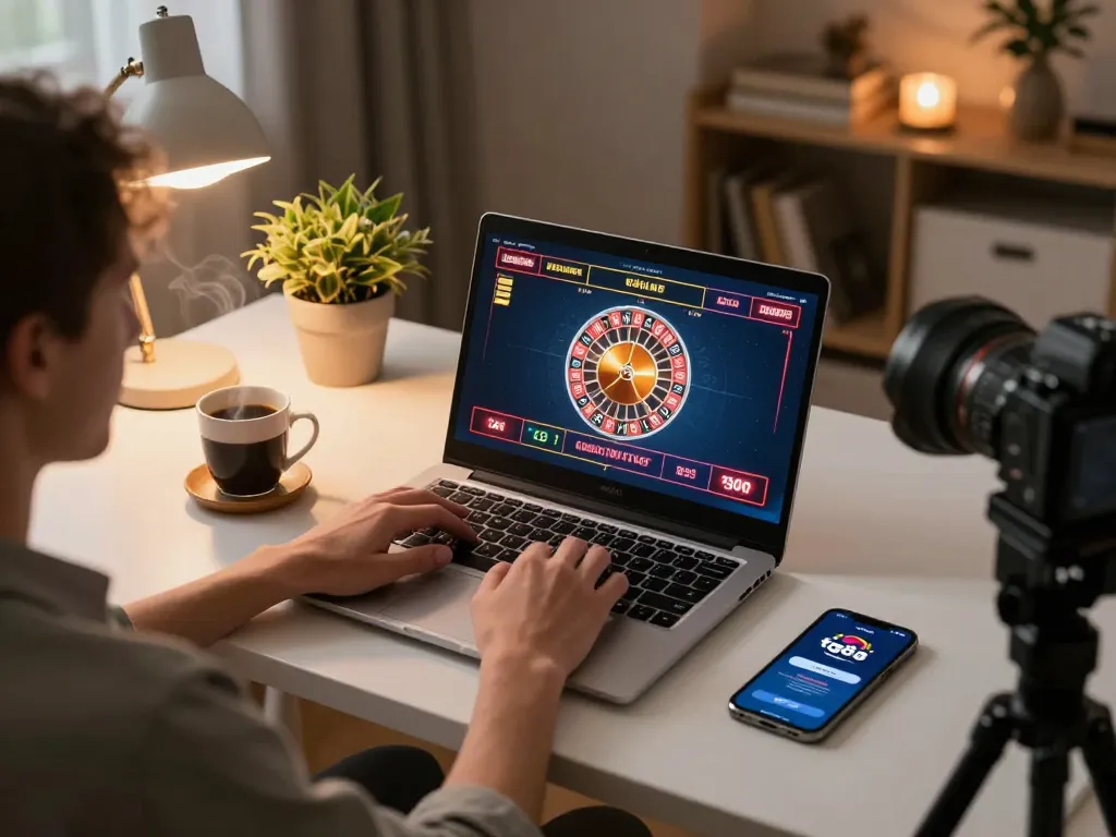 Person enjoying tg88 online gaming on a laptop, illustrating strategic play and responsible gambling.