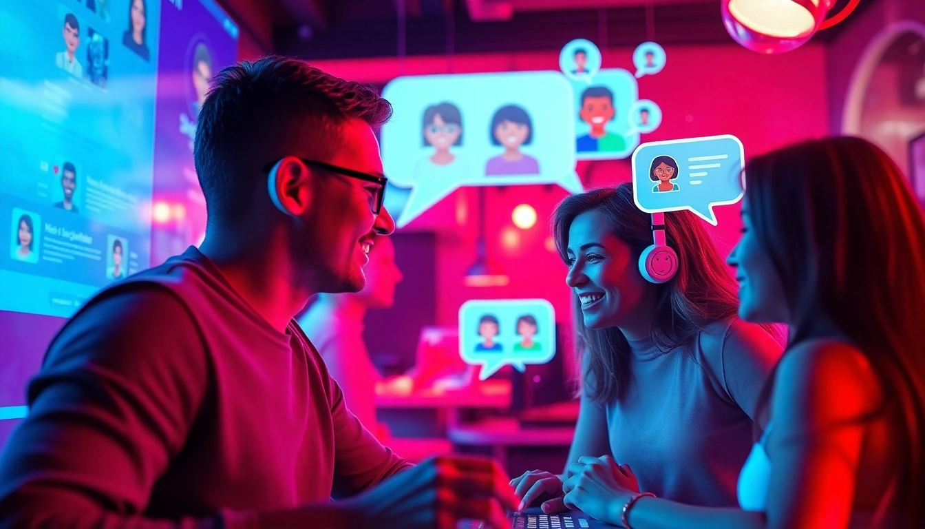 Interactive scene depicting spicychat AI chatbots and characters in a vibrant chat interface.
