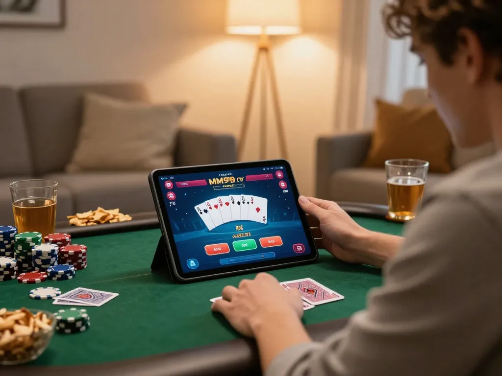 Player enjoying poker on MM99 COM tablet in cozy living room setting with snacks.