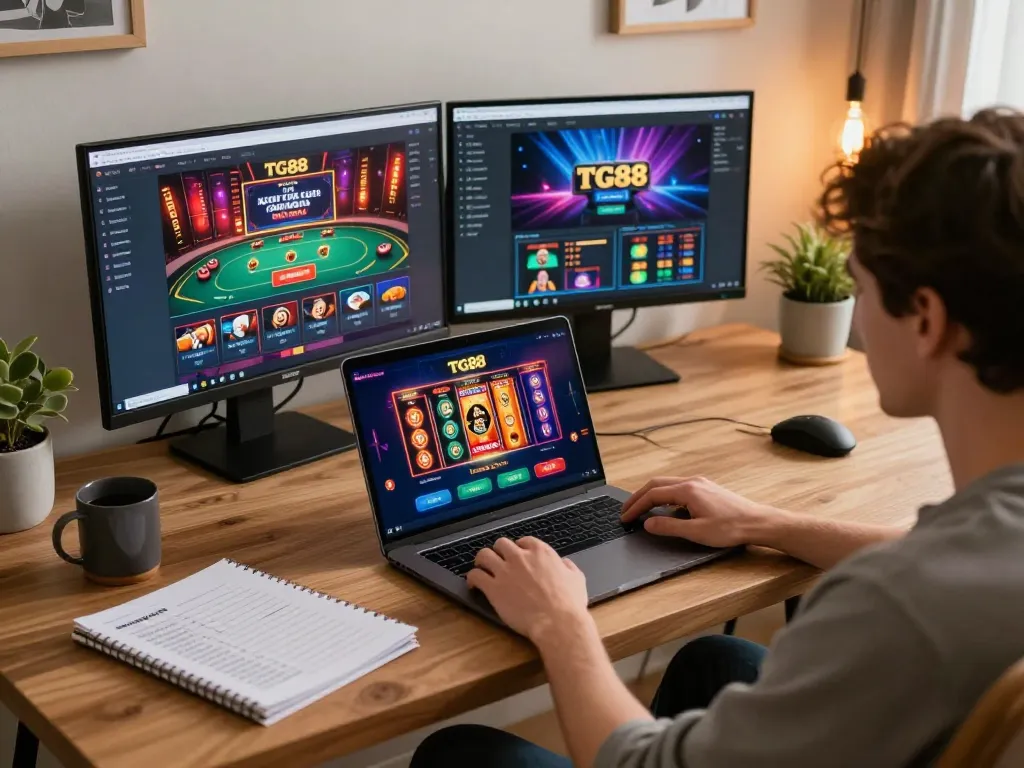 Player engaging with the TG88 casino app on a laptop, showcasing online gambling strategy and enjoyment.