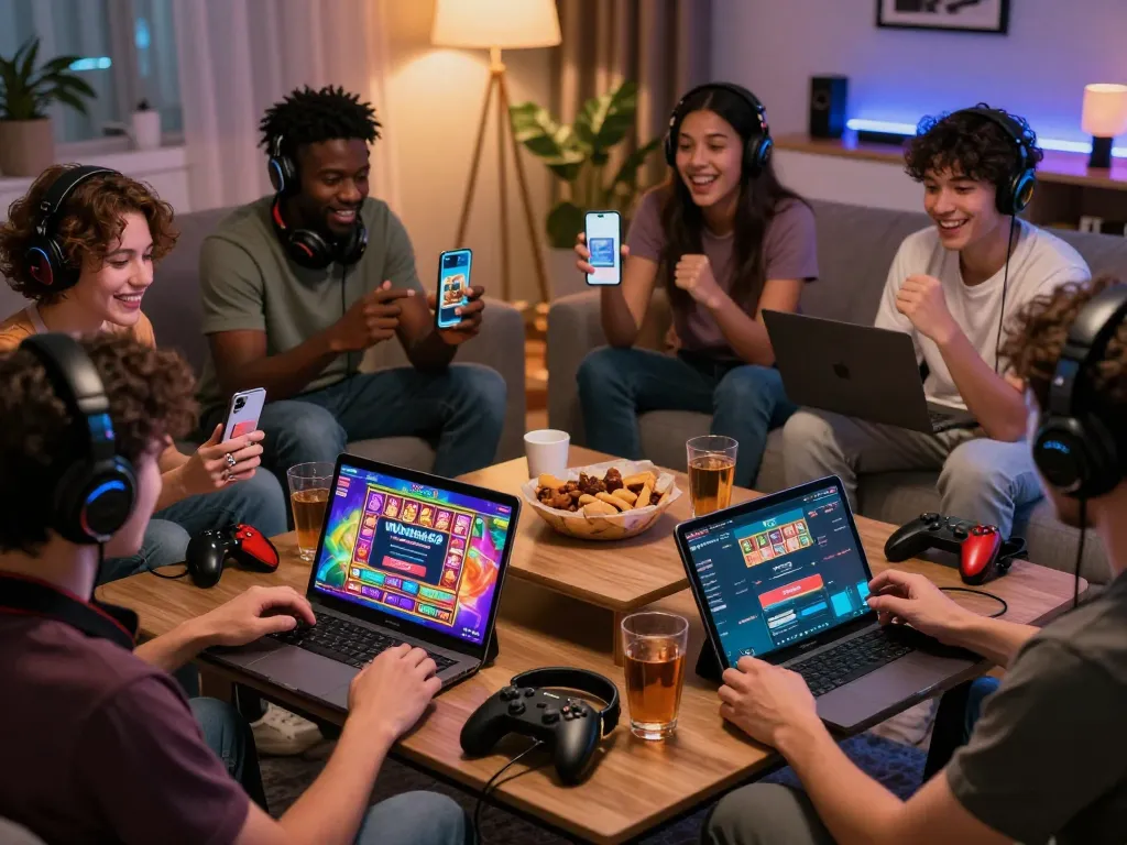 Winstrike69 players enjoying seamless login experience on various devices in a cozy setting.