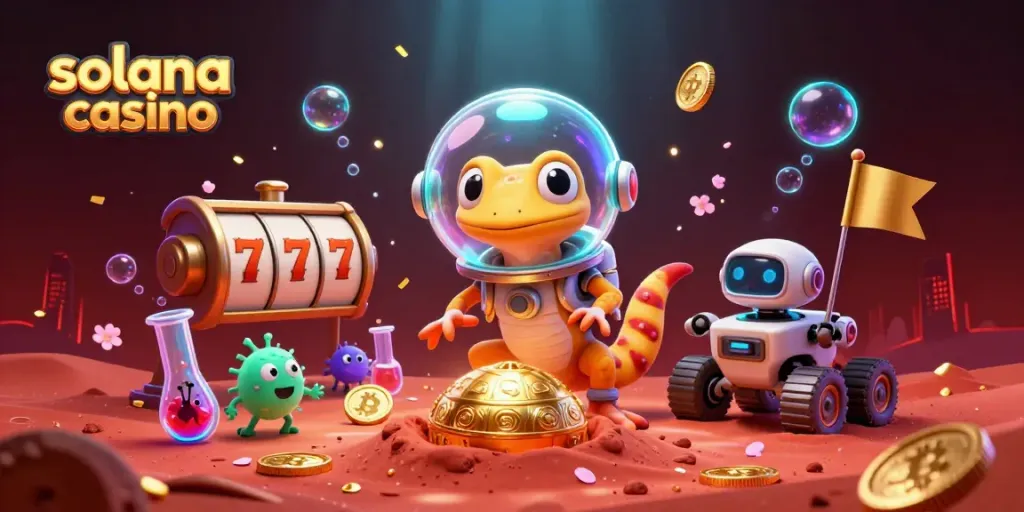 Experience winning strategies at Solana Casino with a Martian gecko discovering a golden casino.