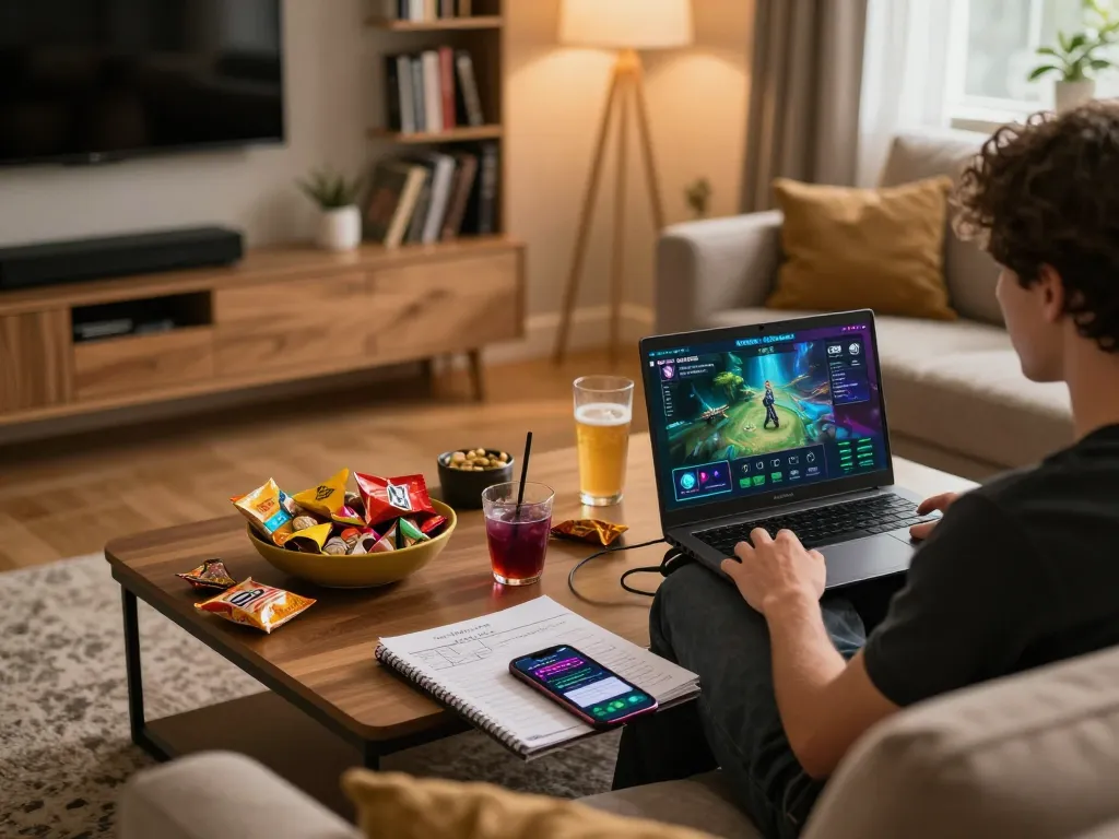 Engaging moment using LGOLUX casino app on a laptop in a cozy living room setup