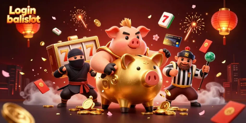 Engage in the action at Login balislot with a dynamic scene featuring a sumo wrestler piggy bank and more!