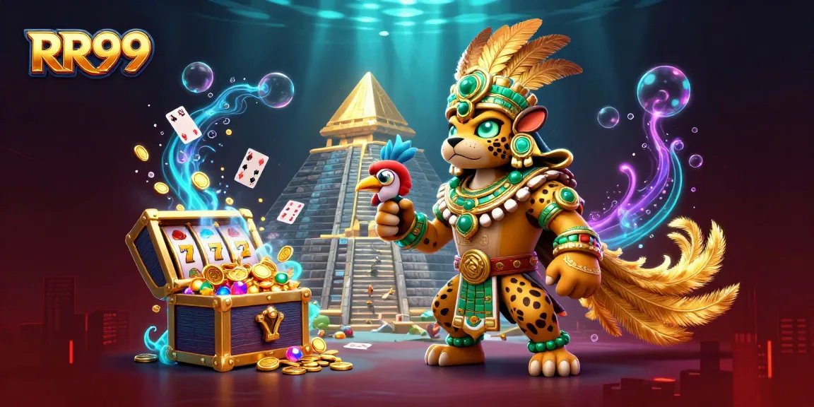 Play exciting slot games at RR99 with vibrant characters and treasures illuminating the scene.