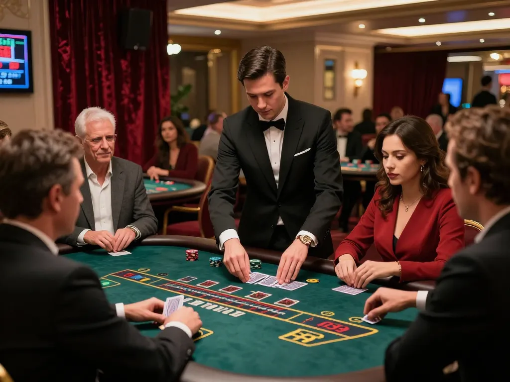 B52 CLUB players engaging with a professional dealer at an upscale blackjack table in an elegant casino.