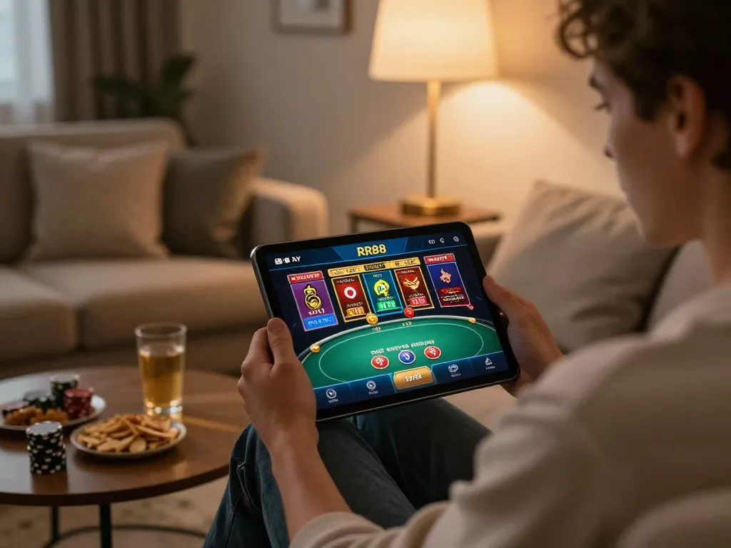 Player engaging with the RR88 casino app on a tablet during a relaxing home gaming session