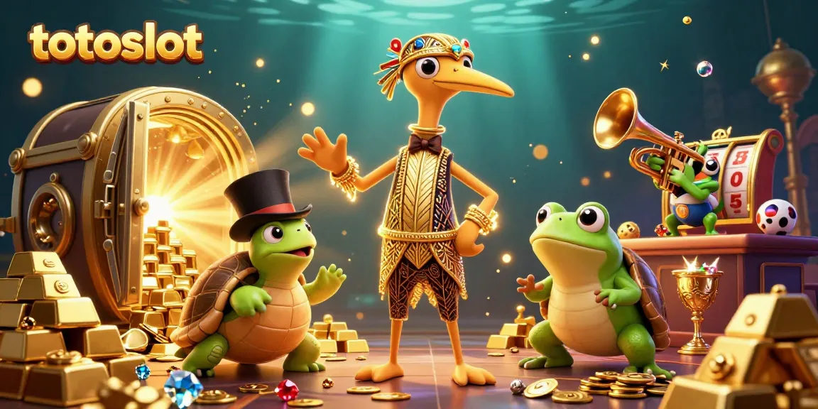 Play and win at totoslot, featuring a vibrant scene with casino characters and treasure elements.