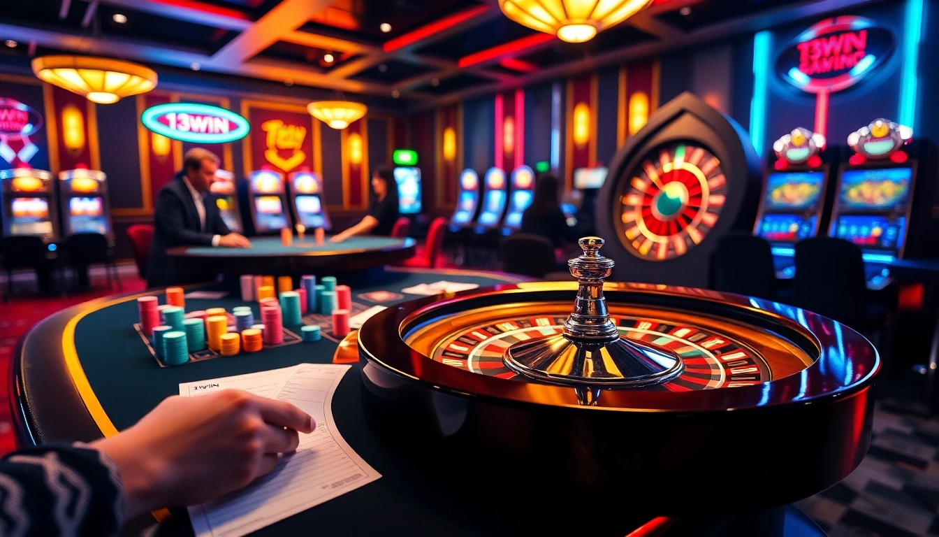 Exciting gaming action at 13win nhà cái with vibrant poker chips and a spinning roulette wheel.
