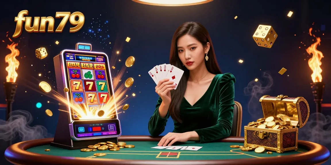 Play thrilling games at fun79 with a stunning Asian dealer showcasing her poker skills amidst a dynamic casino scene.