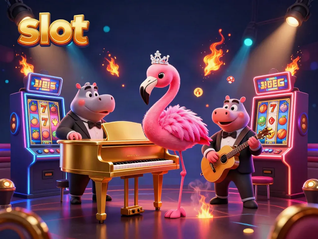 Slot mesin dengan burung flamingo penyanyi dan hippo bassist di suasana kasino