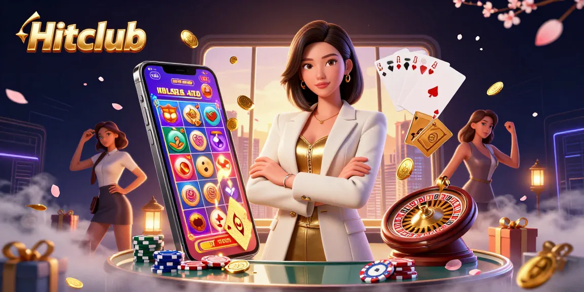 Hitclub showcases an elegant Asian businesswoman in a dynamic casino atmosphere, embracing winning strategies.