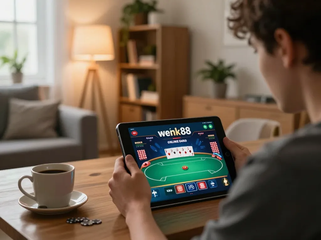 Engaging in webnk88 online casino gameplay on a tablet in a cozy home setting.