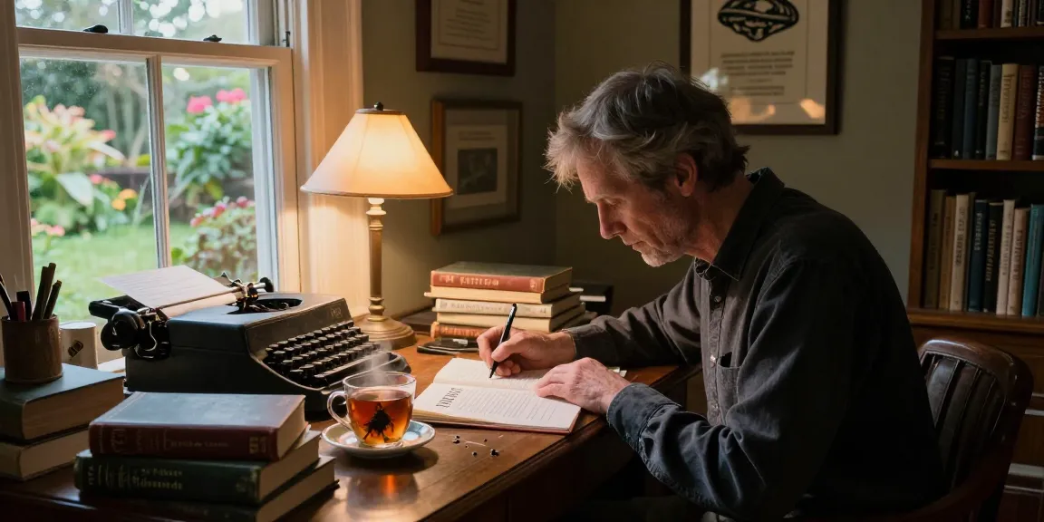 T Allen Greenfield writing at https://tallengreenfield.com desk amidst books exploring spirituality and UFOs.