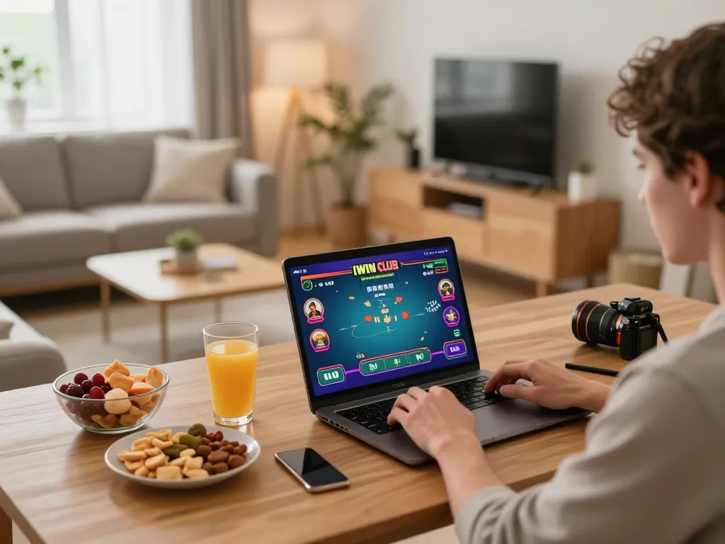 IWIN CLUB player enjoying a strategic poker game on a laptop in a cozy home setting