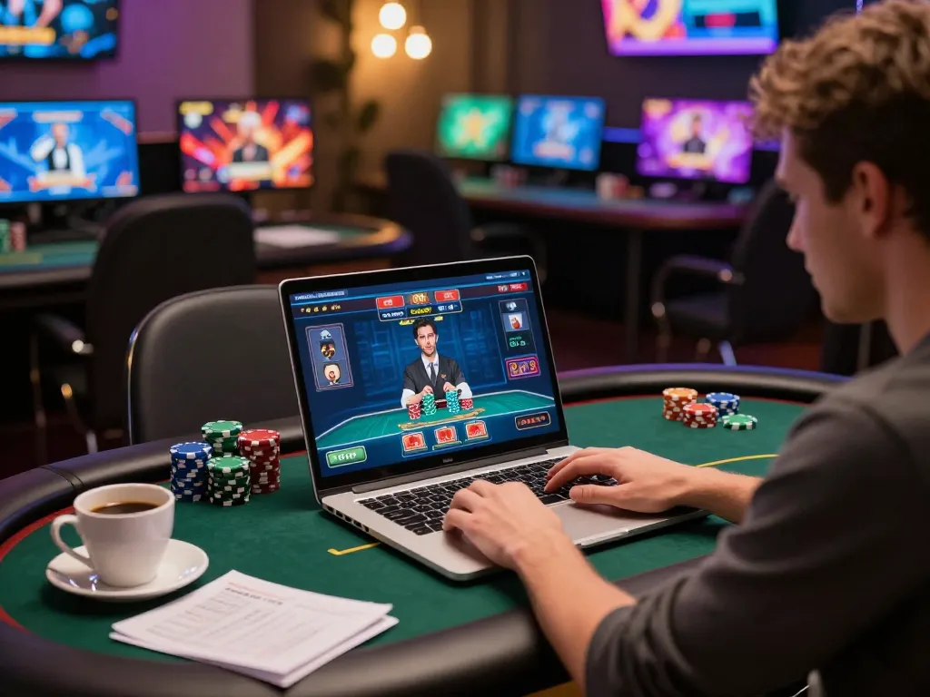 Player engaged in thrilling MM88 online poker game, focused on screen with chips and strategy notes