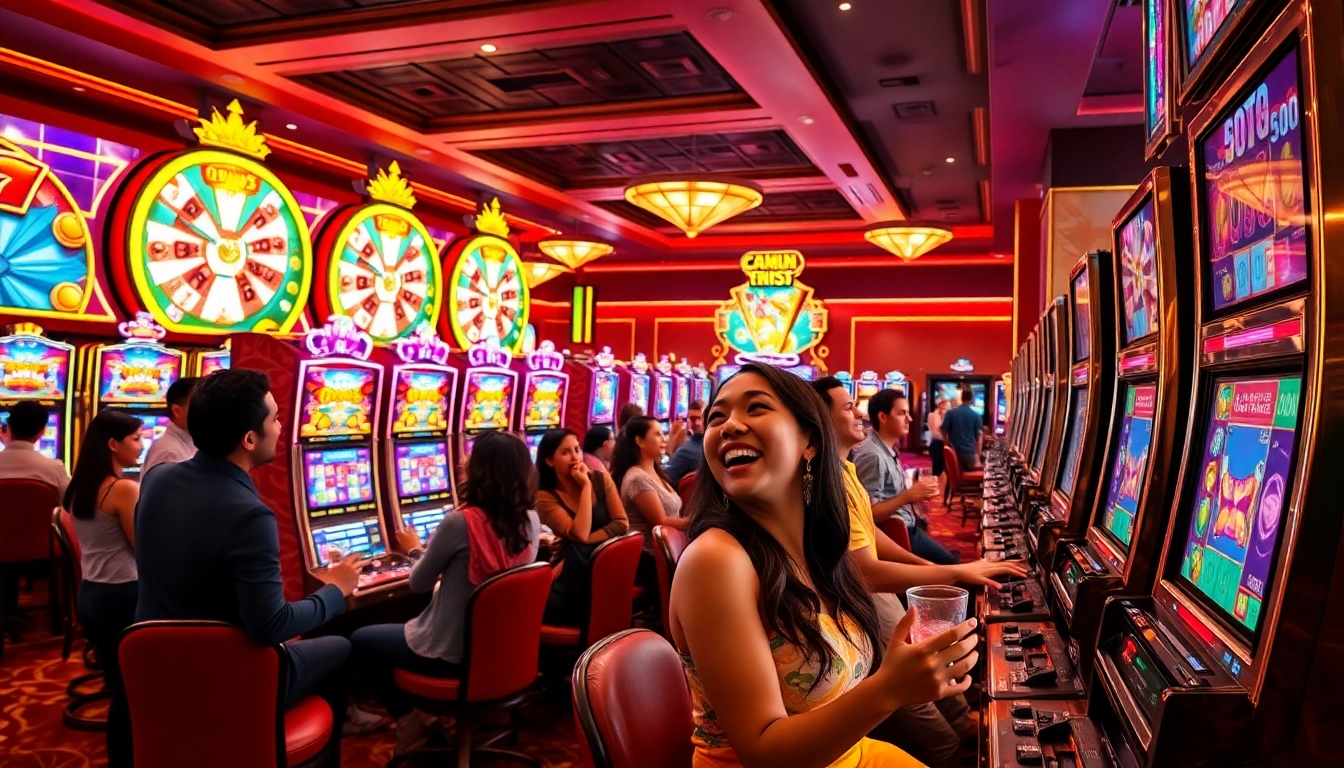 Players enjoy thrilling slot machines in a vibrant casino, capturing the excitement of gaming.