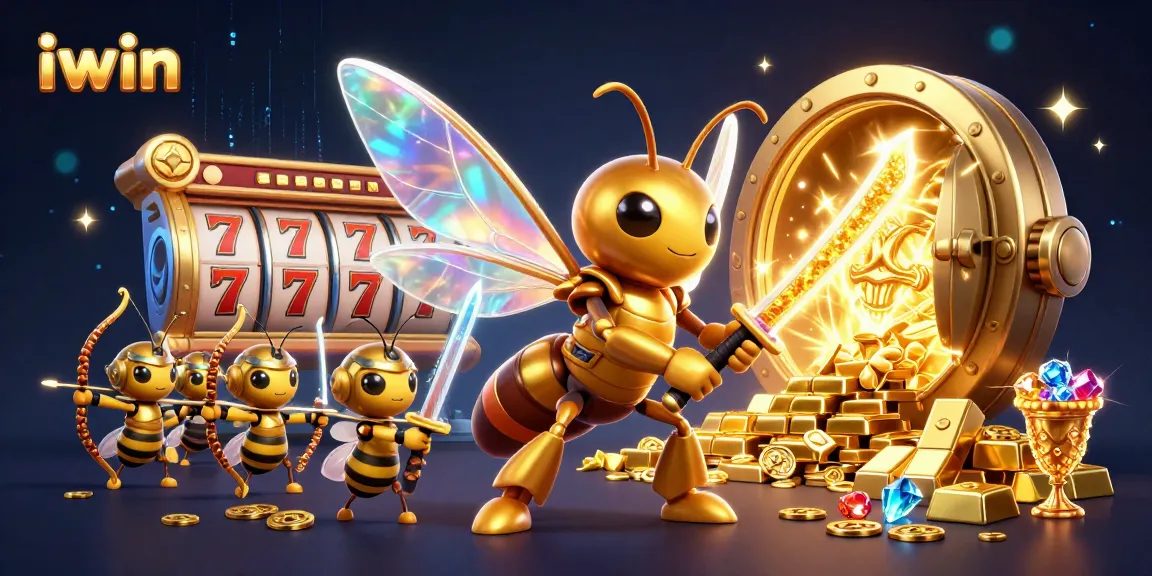 iwin showcases a dynamic 3D scene with a golden hornet in samurai armor amidst slot reels and treasure.