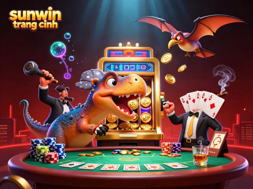 Experience thrilling action as a pachycephalosaurus activates the sunwin trang chính slot machine amidst a vibrant casino scene.