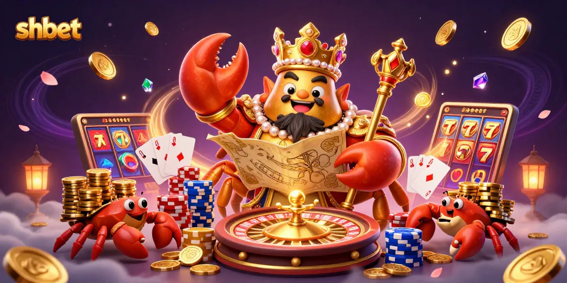 Experience the vibrant shbet casino scene with a golden crab emperor amidst sparkling gem stones and cascading coins.