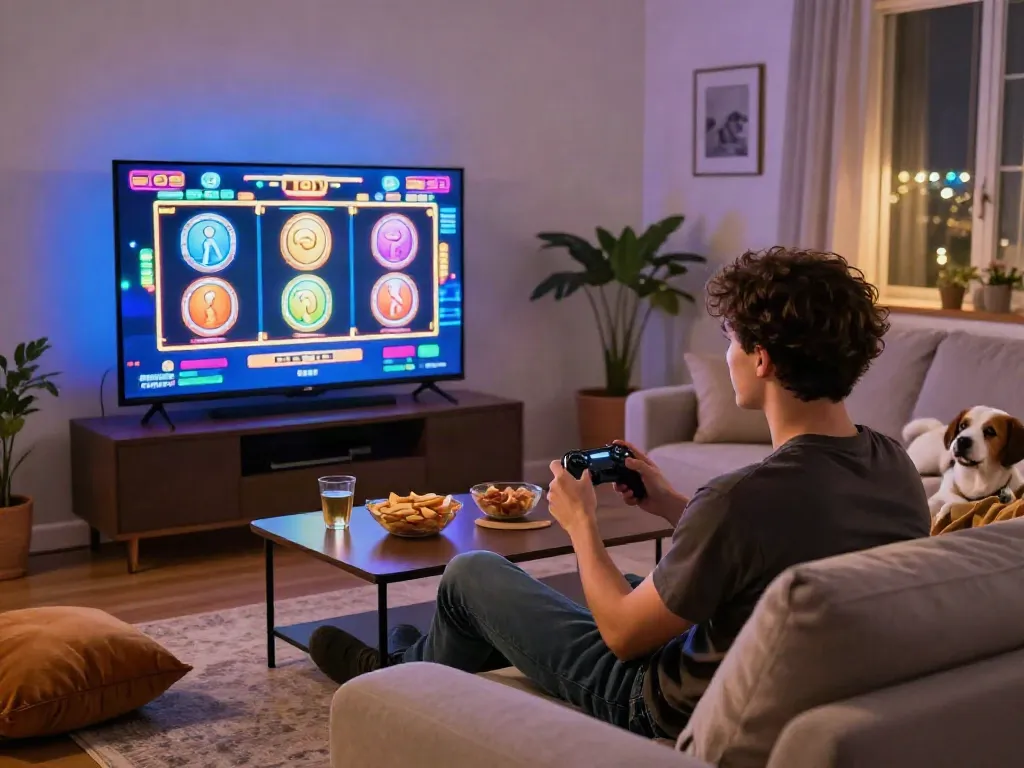 Engaging gaming moment with a young man playing a slot game in a cozy living room.