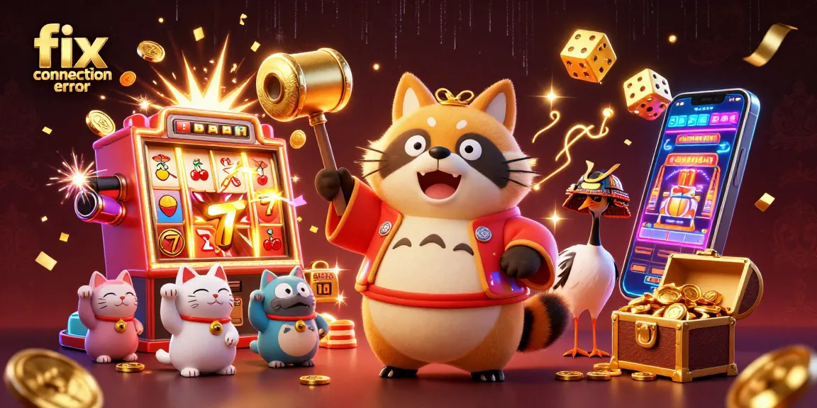 Fix connection error with a cheerful tanuki and maneki-neko in a vibrant casino scene.