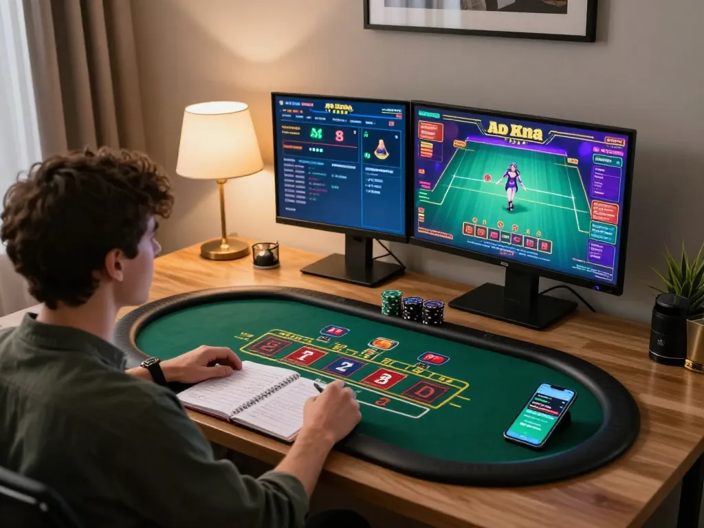 Engaged player at a live dealer blackjack game on multiple screens for slot gacor strategies at home.