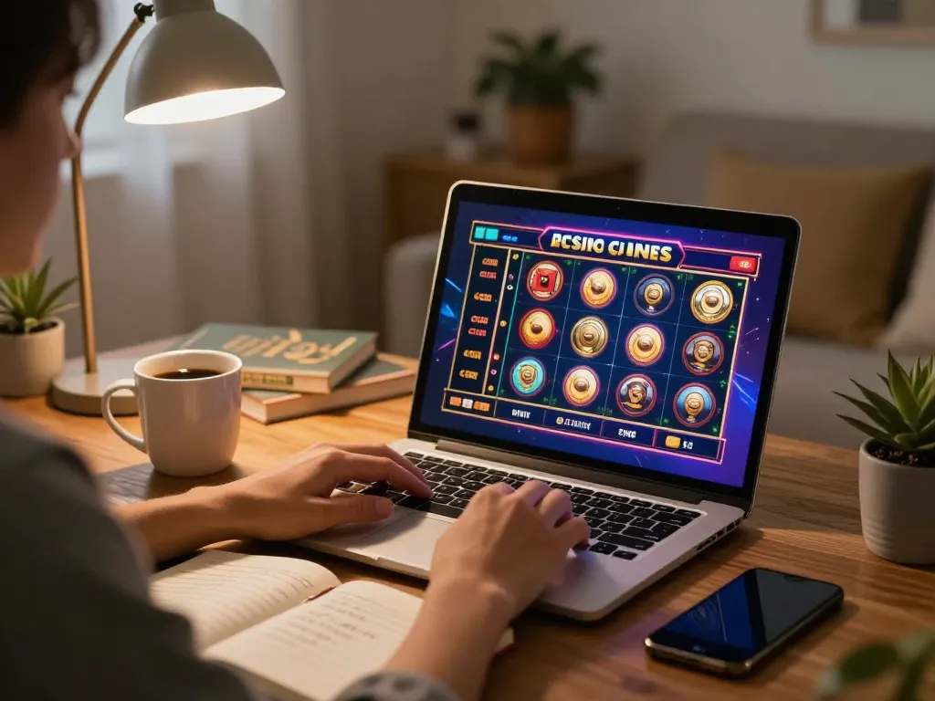 Iwin player engaging with vibrant slot game interface on their laptop in a cozy living room setting.