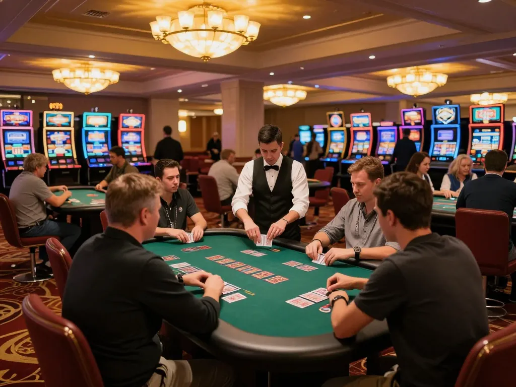 Players enjoying a thrilling game of blackjack at the TA88 casino table with colorful chips in front