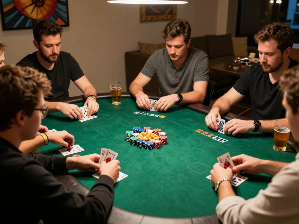 F8BET players enjoying a vibrant poker night, showcasing excitement, strategy, and camaraderie.