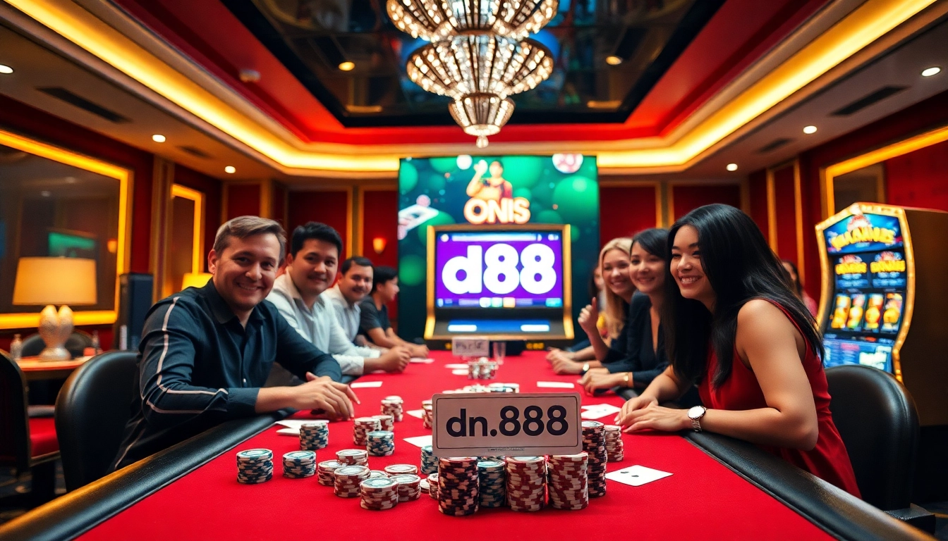 Experience a thrilling moment at dn 888 casino with excited players at a poker table.