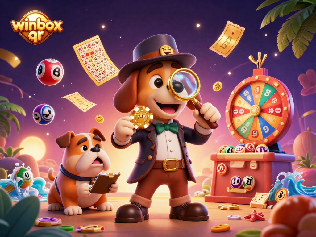 Engage with winbox qr in this vibrant scene showcasing a detective and lottery elements.