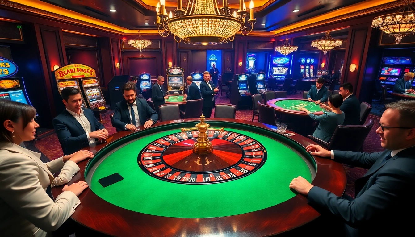 Excited players placing bets at the XX88 casino roulette table surrounded by vibrant slot machines.