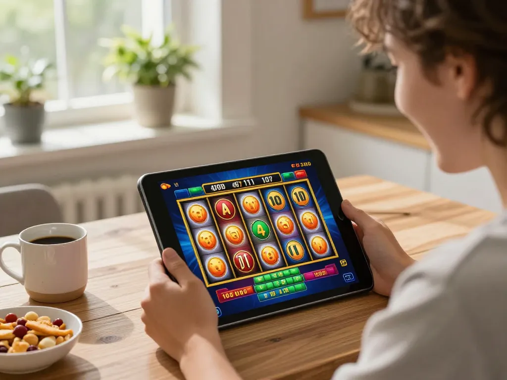 UGDEWA player enjoying a colorful slot game on tablet, celebrating a jackpot win