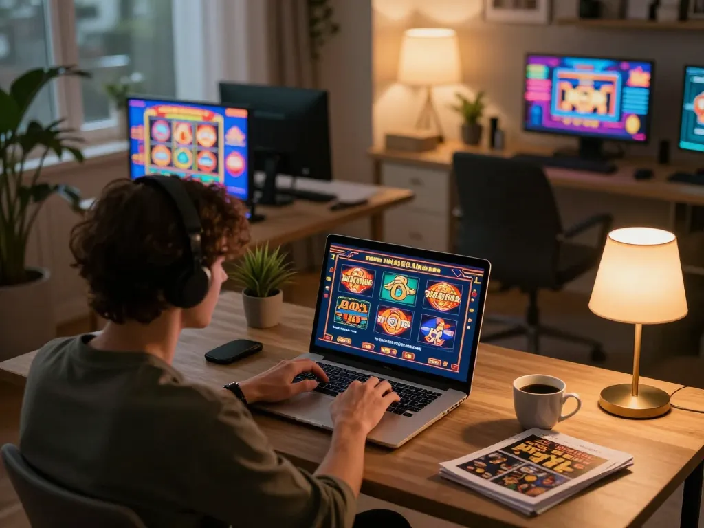 Engaging in online casino gaming with ทางเข้า m108 on laptop and strategic notes in cozy home office