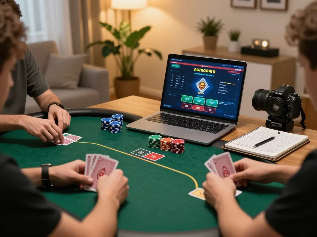 Engaged players in online poker, tracking gameplay on trang chu 789win with strategic notes visible.