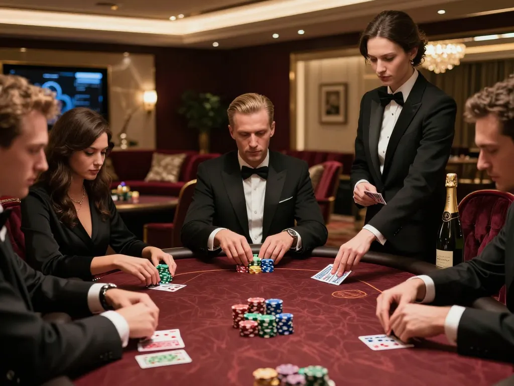 Players strategizing in a luxurious high-stakes poker game at RR88 casino.