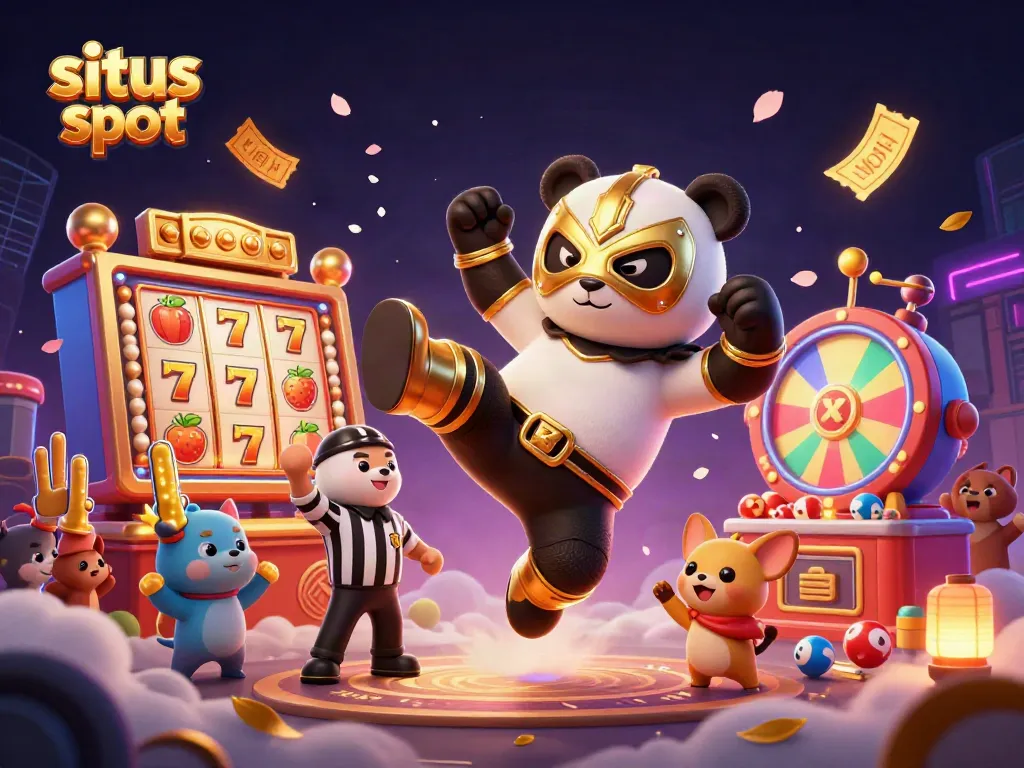 Visualisasi menarik dari situs slot menampilkan panda pegulat dan chihuahua wasit dalam suasana kasino yang meriah.