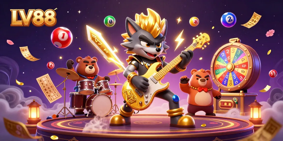 Experience the thrill of LV88 with vibrant lottery elements and charismatic characters in action.