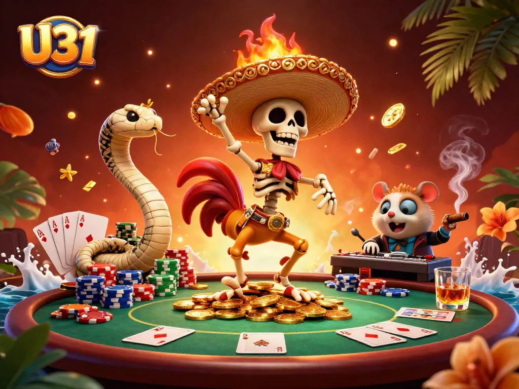 Spin the reels with U31 in this vibrant 3D casino scene featuring characters and poker elements.