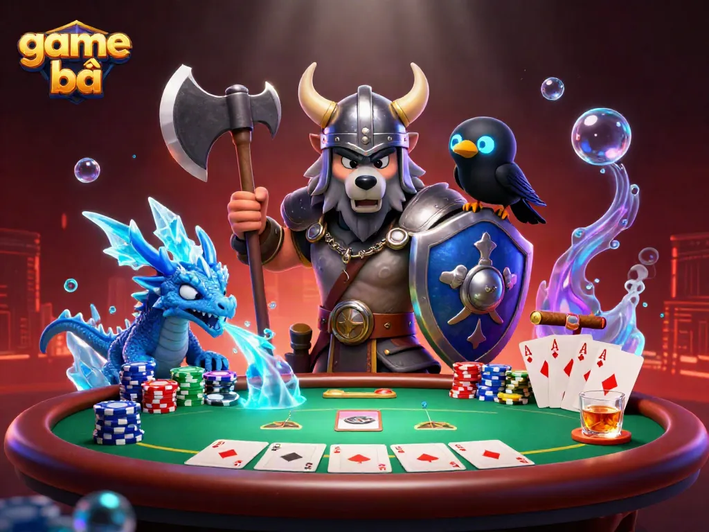 Experience the thrilling world of game bài with a Viking wolf warrior and dragon in a dynamic poker scene.