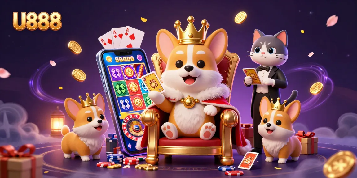 Join the fun at U888 with a vibrant casino scene filled with corgis and exciting gaming elements.