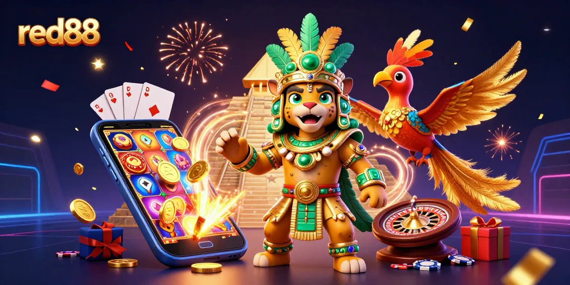 Play winning slots at red88 with dazzling 3D Mayan characters and vibrant casino elements.