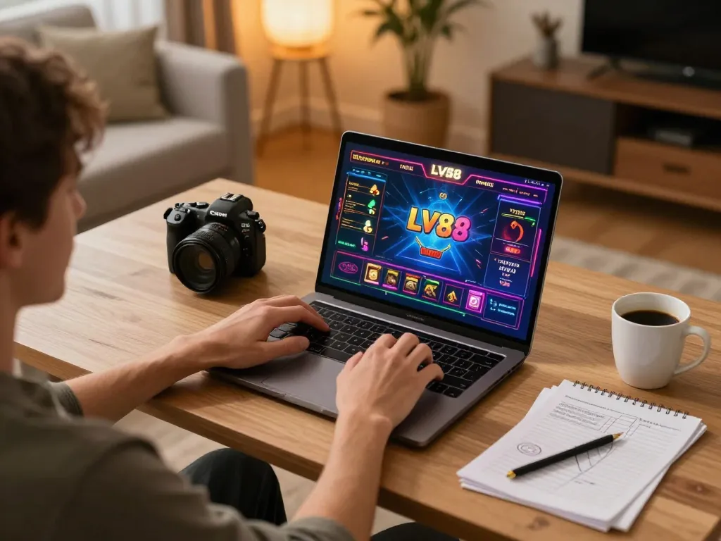 Player engaged in LV88 online gaming with strategy notes on the table in a cozy setup