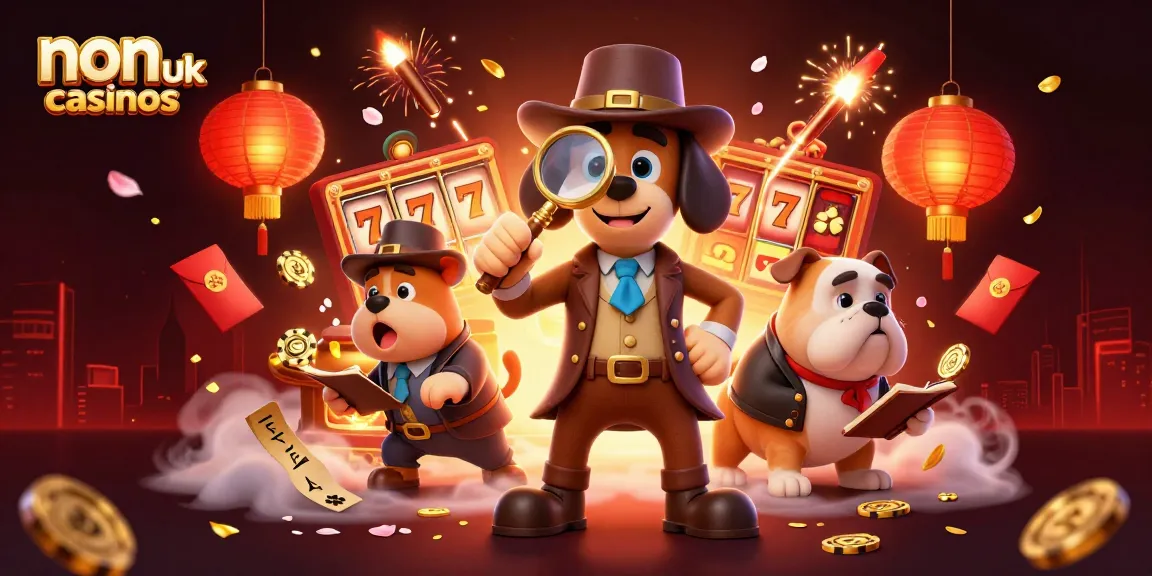 Join the excitement of non uk casinos with detectives uncovering treasure amid vibrant gaming elements.