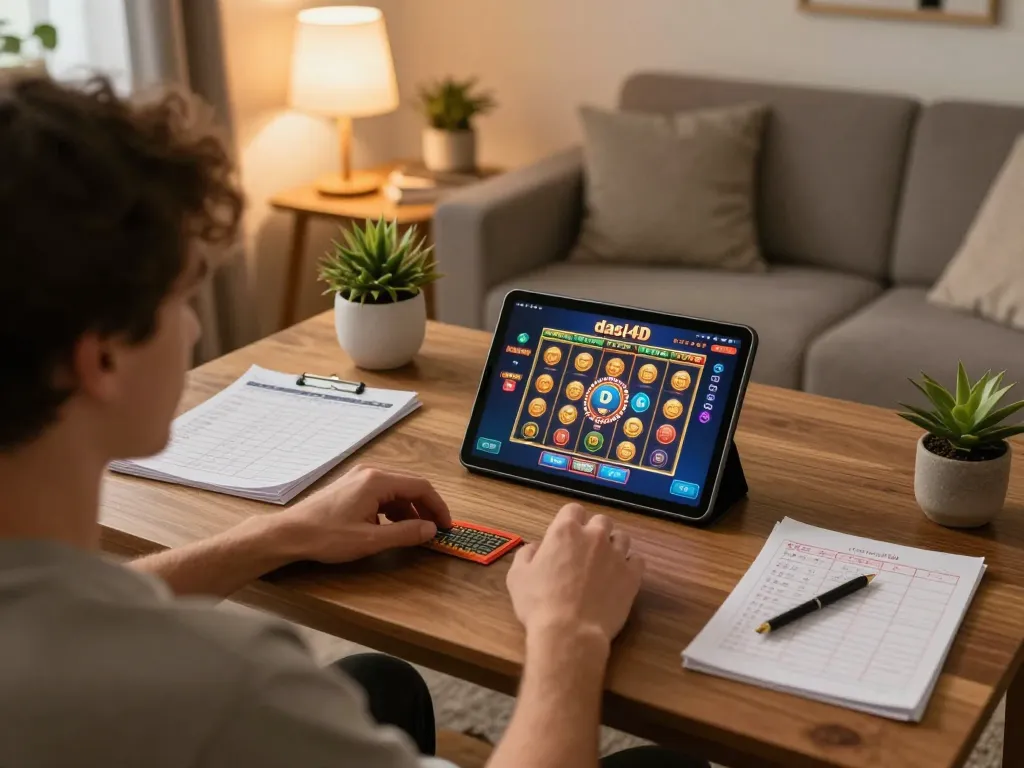 Pemain yang terlibat dengan permainan slot dasi4d di tablet dalam suasana ruang tamu yang nyaman, dikelilingi oleh catatan strategi.