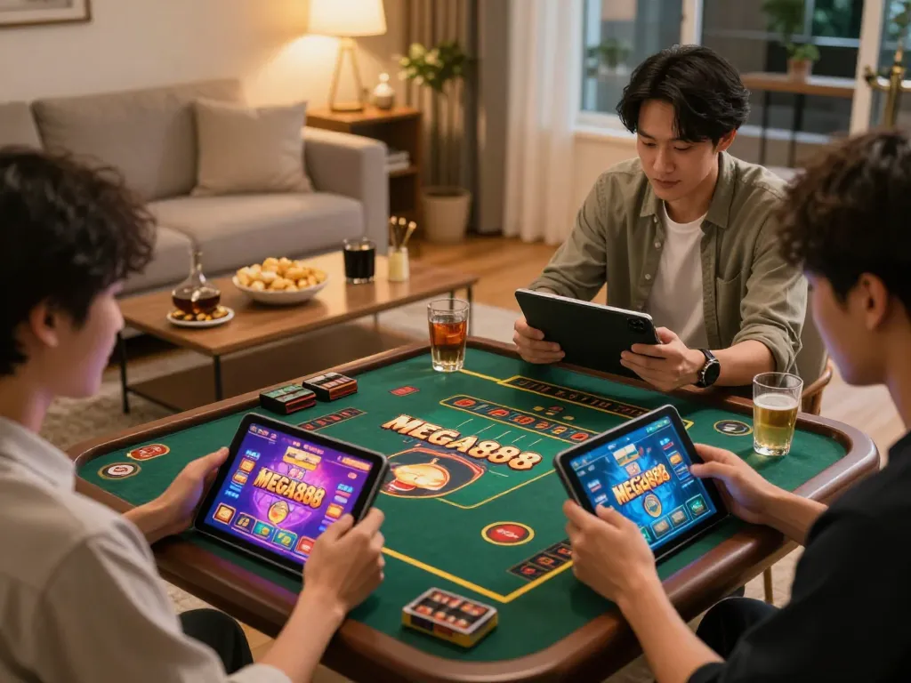 Versi asal Mega888 dipamerkan di tablet semasa permainan kasino di rumah yang menarik dengan snek.