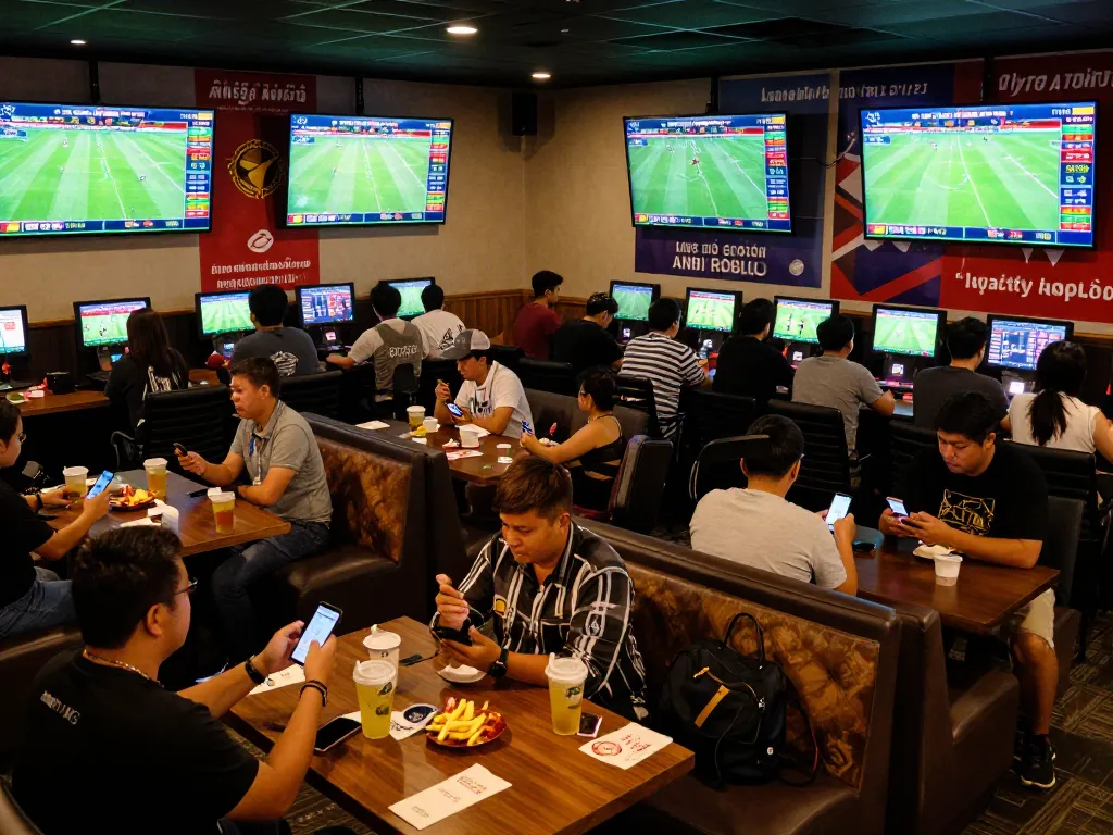 Sports enthusiasts using kèo nhà cái to place live bets in a bustling betting lounge.